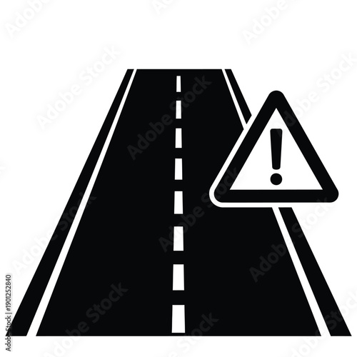 Black and white road sign with exclamation mark on isolated warning driver of potential hazard ahead on highway