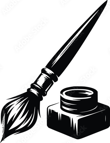 Black and white illustration of a paintbrush resting on an inkwell