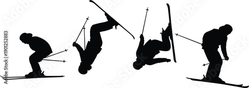 Black silhouettes of skiers in various poses with ski poles and skis white background