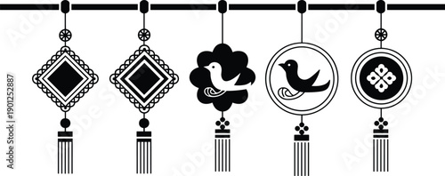 Cartoon silhouette illustration of decorative hanging ornaments with diamonds, circles, floral and bird motifs, symbolizing cultural design and symmetry.