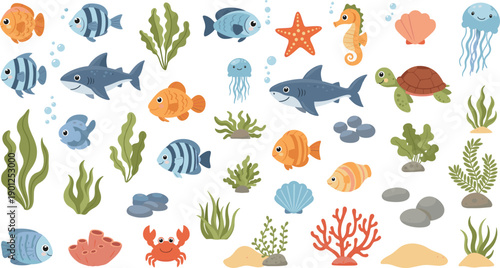 Cute underwater sea animals set with fish shark turtle jellyfish coral vector