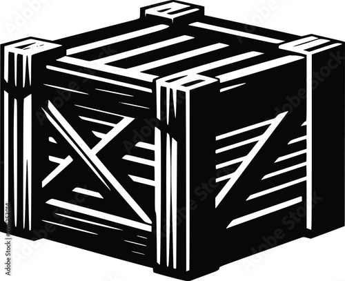 Black and white illustration of a wooden crate with reinforced corners