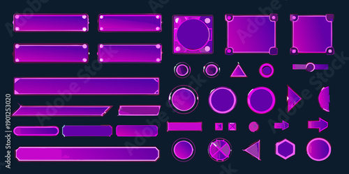 Collection of glowing neon purple user interface elements for game design