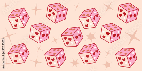 Pattern of pink dice with hearts and sparkling stars on a peach background