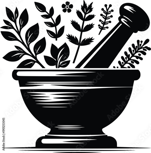 Mortar and pestle with herbs illustration