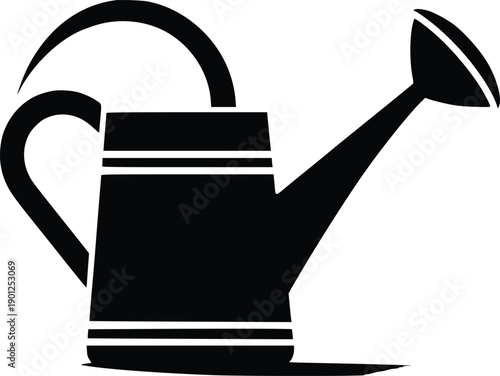 Black and white illustration of a classic watering can with a curved spout