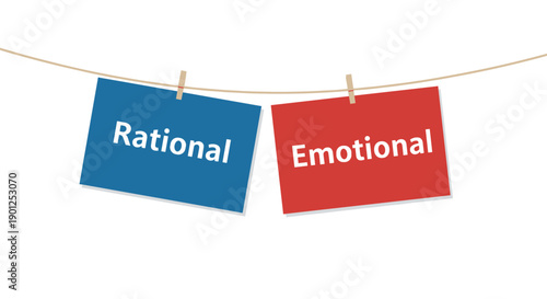 Blue Rational and Red Emotional Cards Hanging on a Clothesline, Representing Contrasting Concepts.