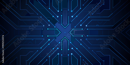 Abstract digital circuit board pattern with glowing blue lines and central cross