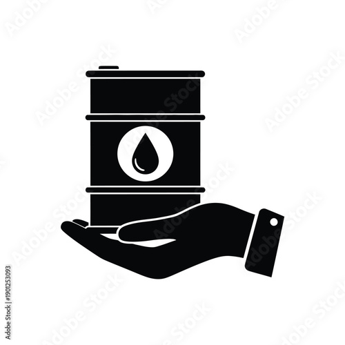 Black and white icon of a hand holding an oil barrel with a drop symbol on it
