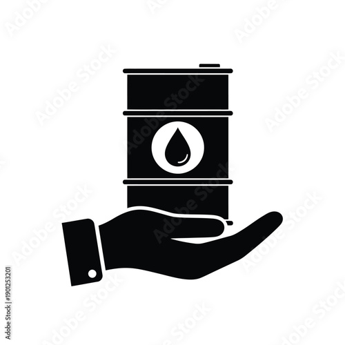 Black silhouette of a hand holding an oil barrel with a drop symbol on it