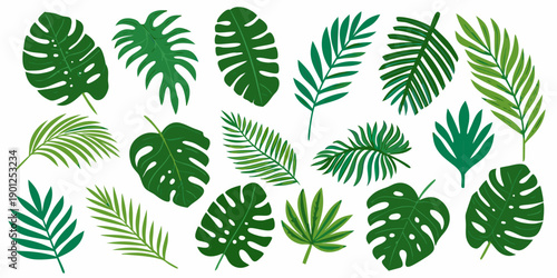 Collection of vibrant green tropical leaves in various shapes and sizes