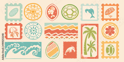 Vintage style postage stamps with various botanical and oceanic designs