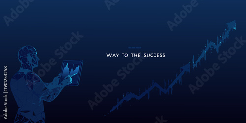 A digital human interacts with a rising graph symbolizing technological progress