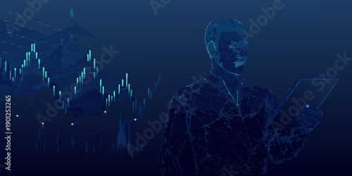 Digital human figure interacts with a tablet amidst a network of data
