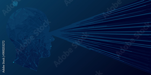 Abstract polygonal human head emitting radiating lines of light
