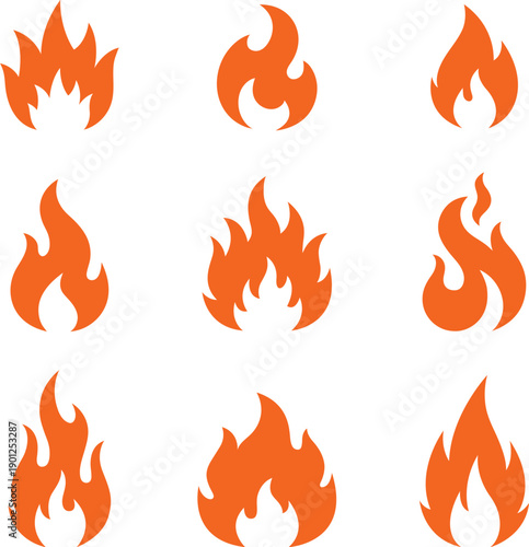 Set of stylized orange flame icons, representing fire in various simple shapes and sizes, Fire flame symbol, Flames symbols set flat style - stock vector.