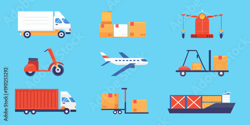 Various modes of transportation and package delivery icons in flat design