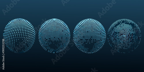 Four abstract spherical forms evolving from solid to fragmented patterns