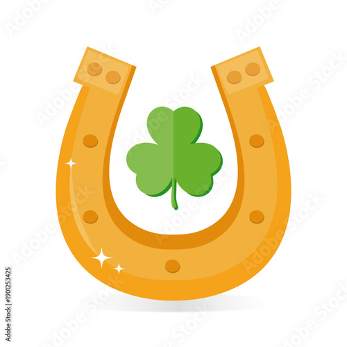 Golden horseshoe with leaf clover. A good luck charm for St. Patricks Day. A symbol of the holiday in Ireland. A vector graphic element on a white background for festive decoration.