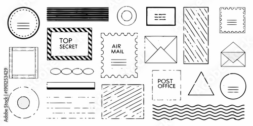 Collection of black and white postage stamps and graphic elements