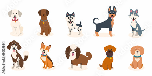 Collection of cartoon dogs in various breeds and colors sitting and standing