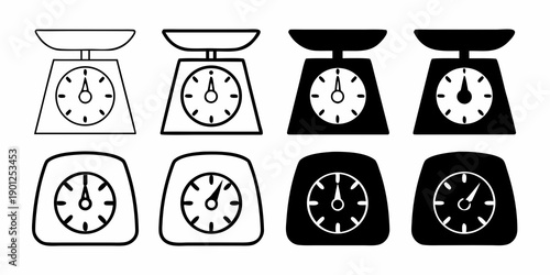 Four variations of a kitchen scale depicted in black and white outlines