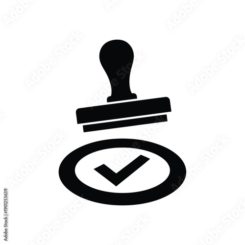 Black silhouette of a rubber stamp with a checkmark in a circle