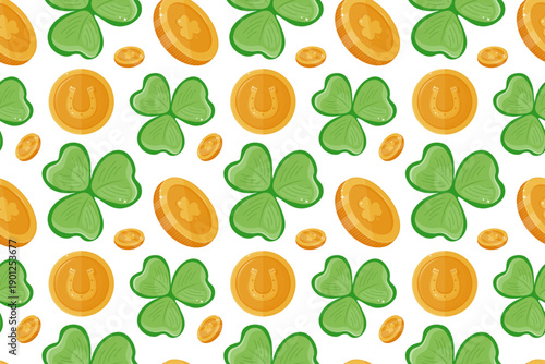 Seamless St Patricks Day pattern featuring green shamrock clover, gold coins and lucky horseshoe symbols on white. Festive Irish background inspired by Celtic culture, good luck and prosperity.
