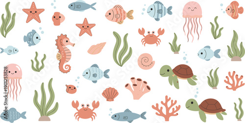 Cute sea animals and underwater elements set with fish turtle crab jellyfish vector