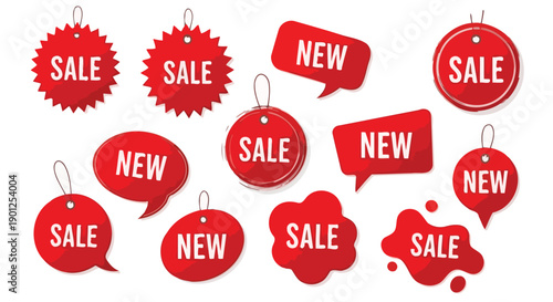 A collection of red sale and new product tags and labels with various shapes and designs.
