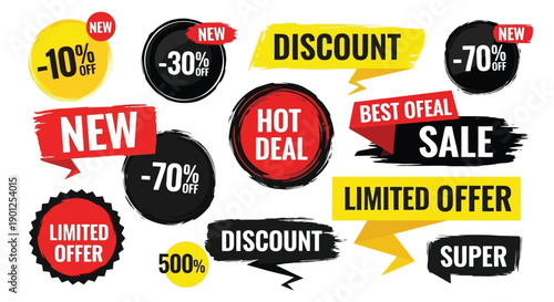 Collection of various sale and discount tags, including 'New', 'Hot Deal', 'Limited Offer', and percentage discounts.