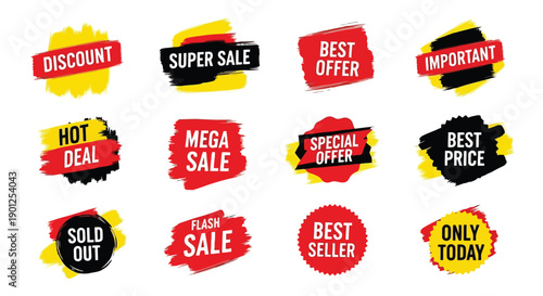 A collection of twelve colorful sale and discount tags with various promotional messages.