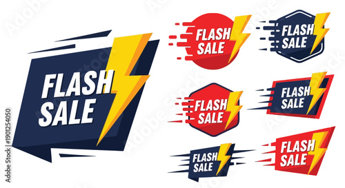 Collection of dynamic 'Flash Sale' banners featuring lightning bolt graphics and speed lines, ideal for retail promotions.