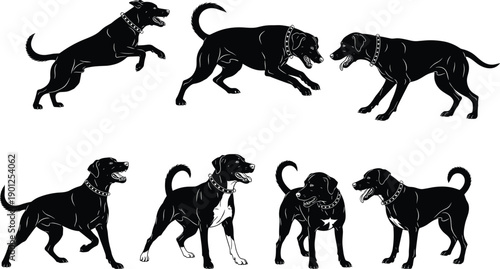Black dogs in various poses with collars on white background dog silhouettes dogs with collars