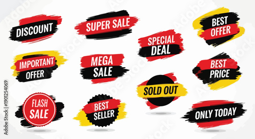Collection of colorful sale and discount tags with brush stroke effect for marketing and advertising purposes.
