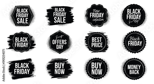 Collection of Black Friday sale and discount badges with various shapes and text.