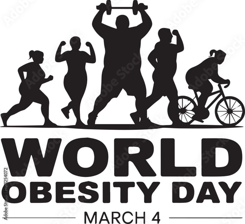 World Obesity Day concept illustration with silhouettes of people exercising, running, cycling and weightlifting for health awareness, March 4.