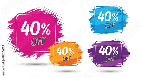 Four colorful abstract banners with "40% OFF" text in white, representing discounts and sales.