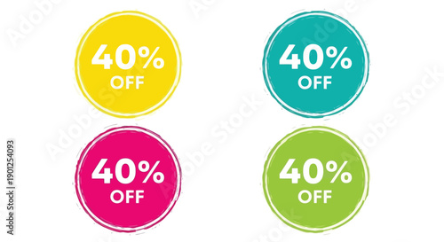 Four colorful circular badges, each displaying "40% OFF" in white text.