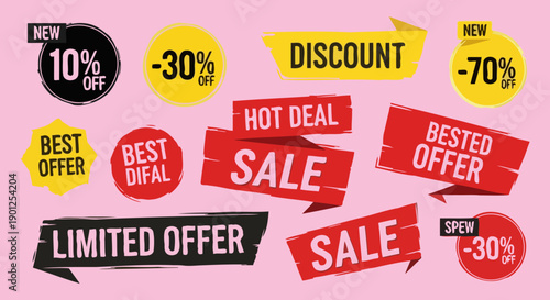 A collection of colorful sale and discount tags and banners on a pink background, advertising various offers.