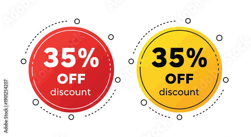 Two circular discount badges, one red and one yellow, both displaying "35% OFF discount" with dotted borders.