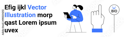 Business, eco-friendly branding, bio-indicators, modern communication, design concepts, user interface tools. Minimalist design shows person with clipboard, index finger and bio icon. Business