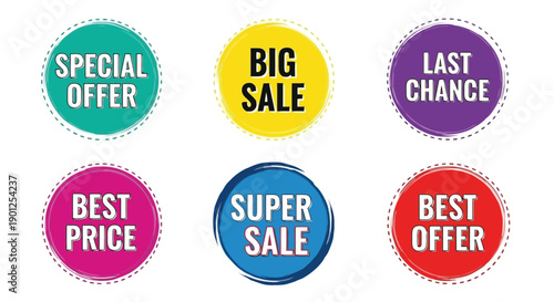 Collection of six colorful circular sale and offer badges with text labels.
