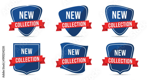 A collection of six blue shield-shaped badges with red ribbons announcing 'New Collection'.