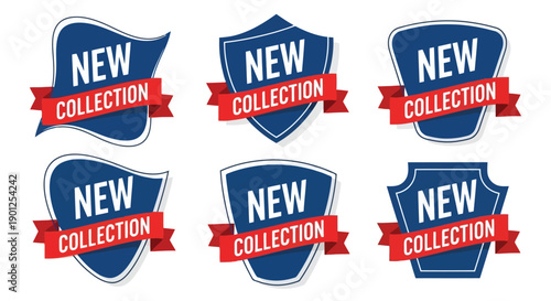 Collection of six blue badges with red ribbons announcing 'New Collection'.