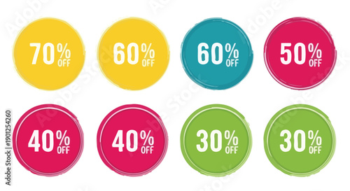 Collection of colorful circular badges displaying various percentage discounts for sales and promotions.