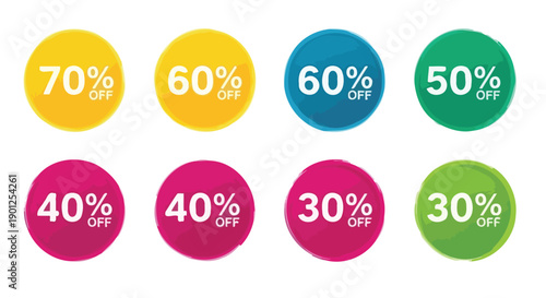 A collection of colorful circular badges displaying various percentage discounts off.