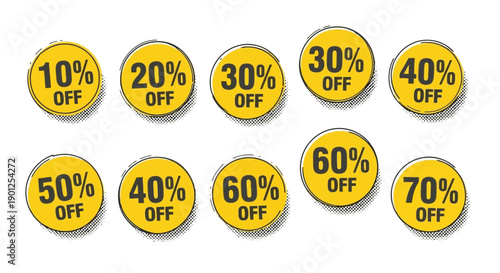 A collection of yellow circular discount tags showing percentages off, ranging from 10% to 70%.