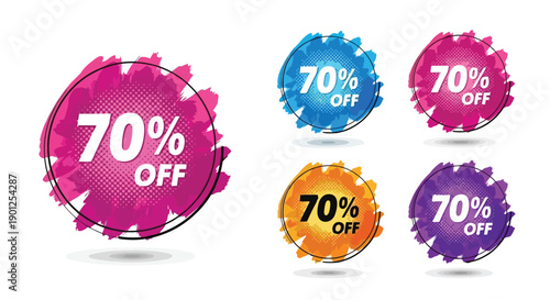 A collection of vibrant, abstract circular badges featuring a prominent "70% OFF" discount, presented in various bright colors like pink, blue, orange, and purple.