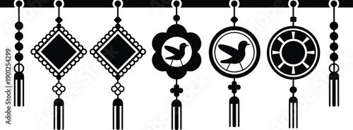 Cartoon silhouette illustration of decorative hanging ornaments with tassels, diamonds, circles, and bird motifs, symbolizing cultural design and symmetry.